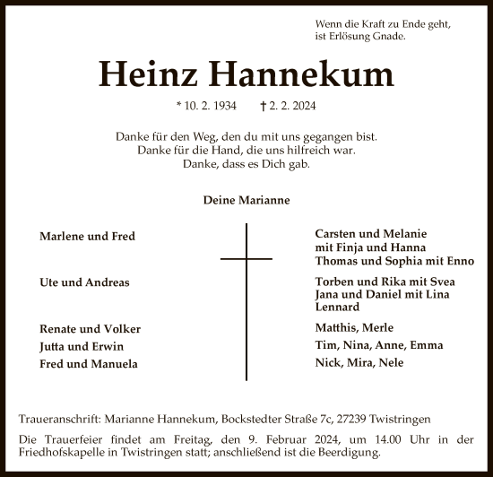 Traueranzeige von Heinz Hannekum von SYKSYK