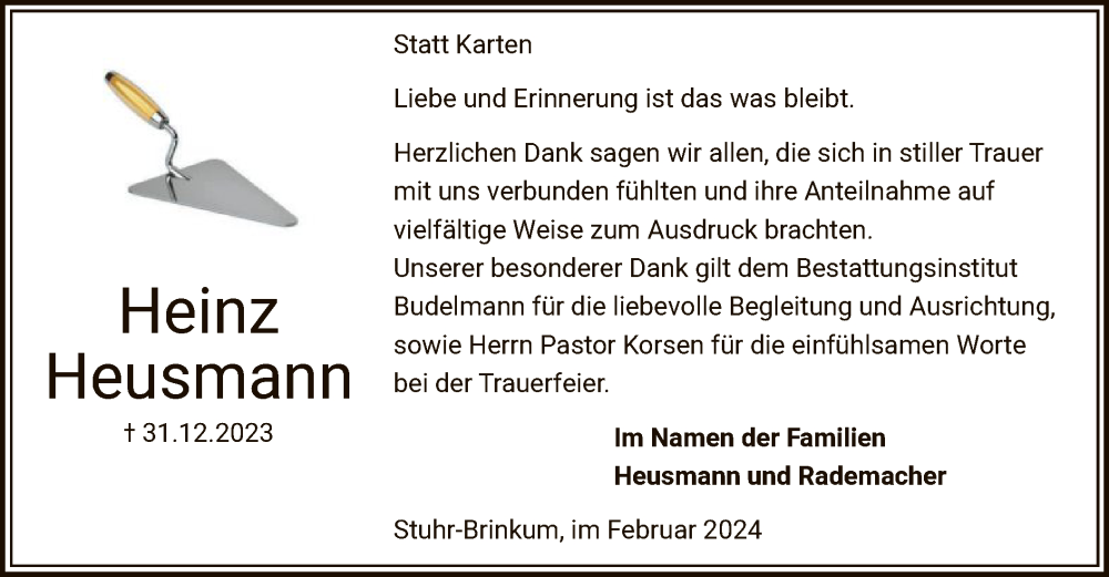  Traueranzeige für Heinz Heusmann vom 09.02.2024 aus SYK