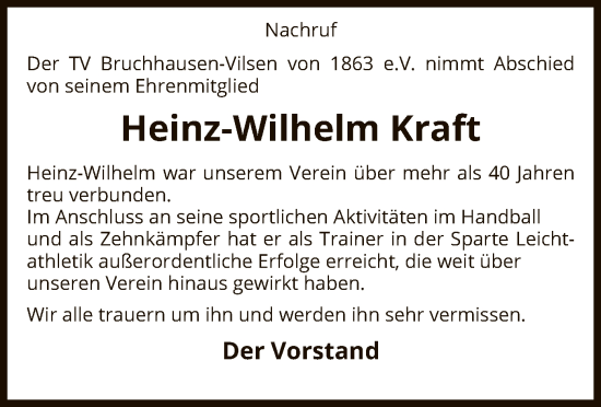 Traueranzeige von Heinz-Wilhelm Kraft von SYK