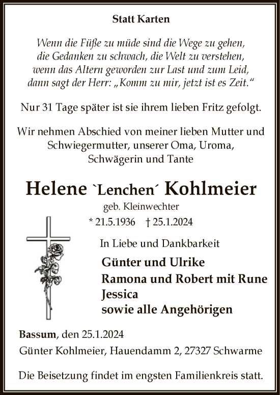 Traueranzeige von Helene Kohlmeier von SYK