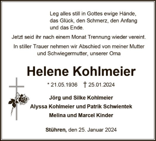 Traueranzeige von Helene Kohlmeier von SYK