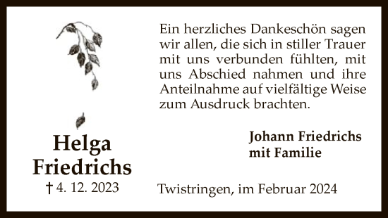 Traueranzeige von Helga Friedrichs von SYK