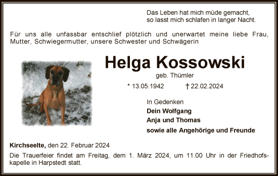 Traueranzeige von Helga Kossowski von SYKSYK