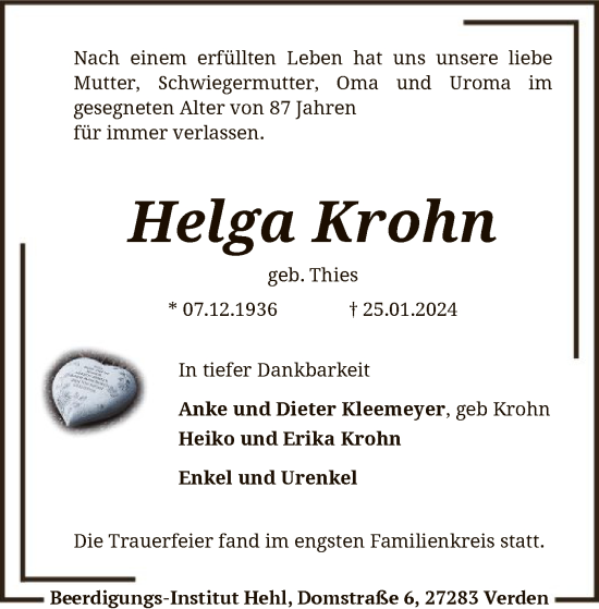 Traueranzeige von Helga Krohn von SYK
