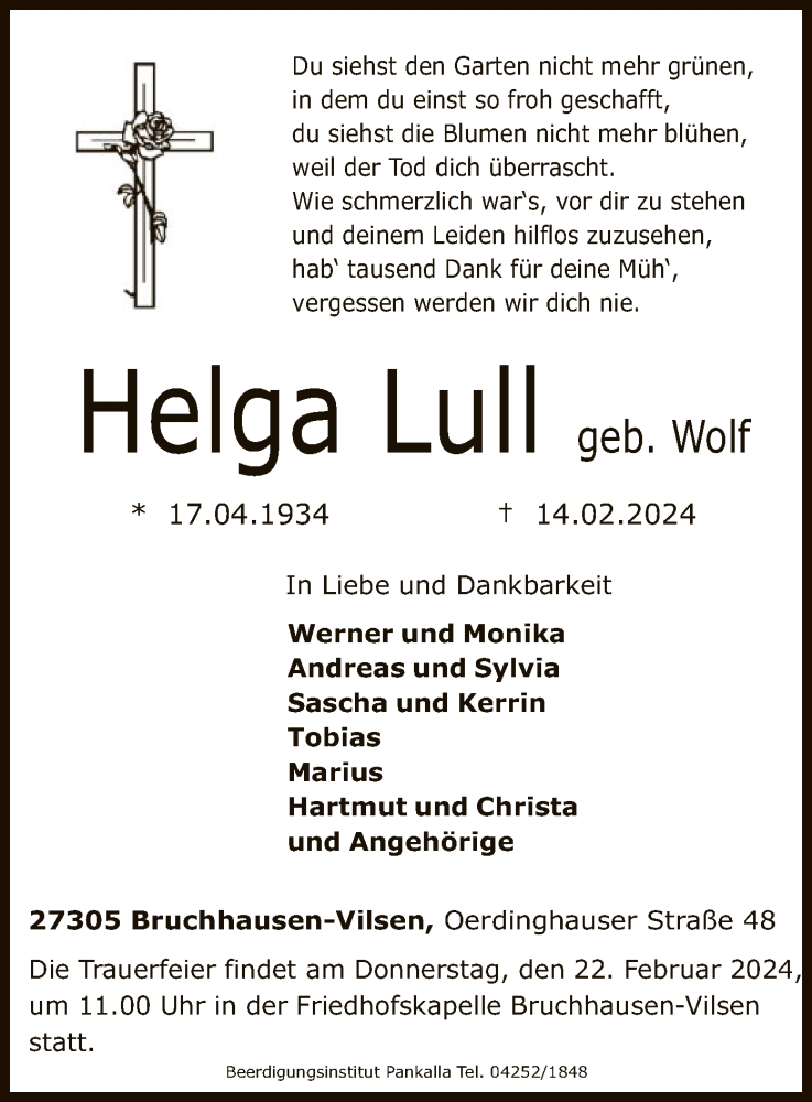  Traueranzeige für Helga Lull vom 17.02.2024 aus SYK