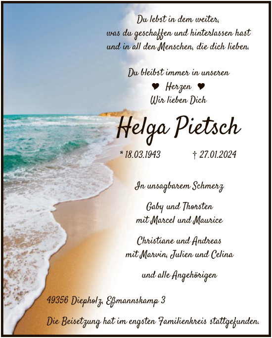 Traueranzeige von Helga Pietsch von SYK