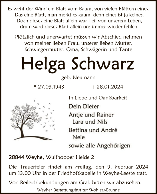 Traueranzeige von Helga Schwarz von SYK