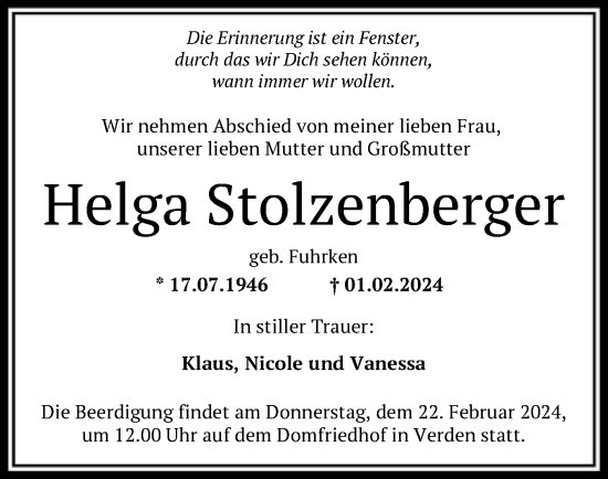Traueranzeige von Helga Stolzenberger von SYK
