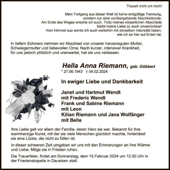 Traueranzeige von Hella Anna Riemann von SYK