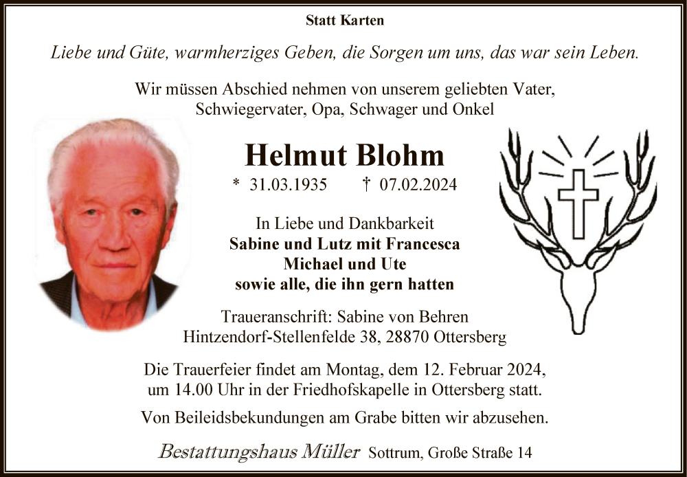  Traueranzeige für Helmut Blohm vom 10.02.2024 aus SYK