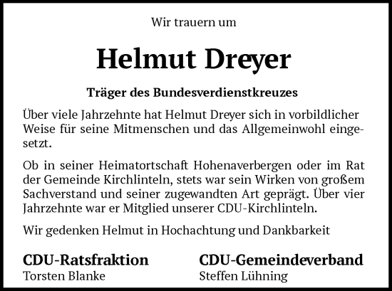 Traueranzeige von Helmut Dreyer von SYK