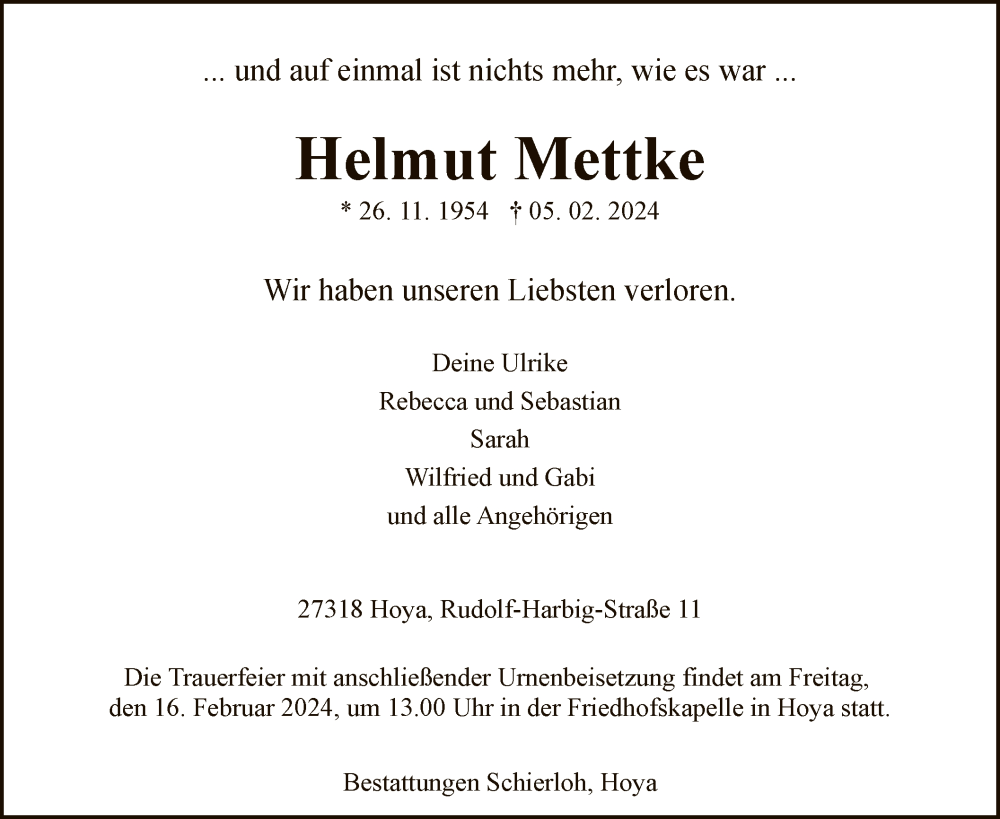  Traueranzeige für Helmut Mettke vom 10.02.2024 aus SYK