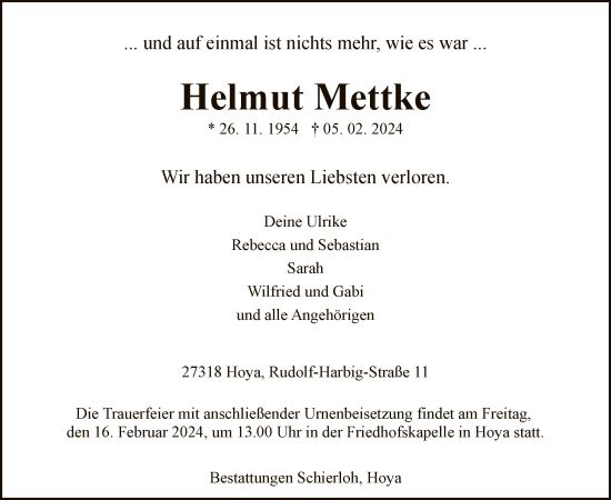 Traueranzeige von Helmut Mettke von SYK