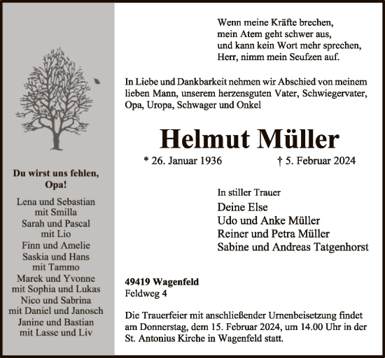 Traueranzeige von Helmut Müller von SYK