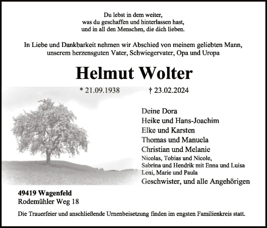 Traueranzeige von Helmut Wolter von SYK