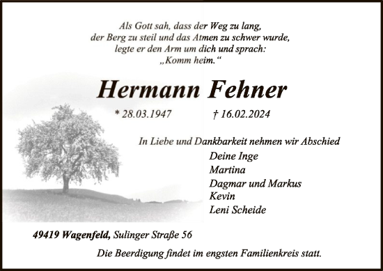 Traueranzeige von Hermann Fehner von SYK