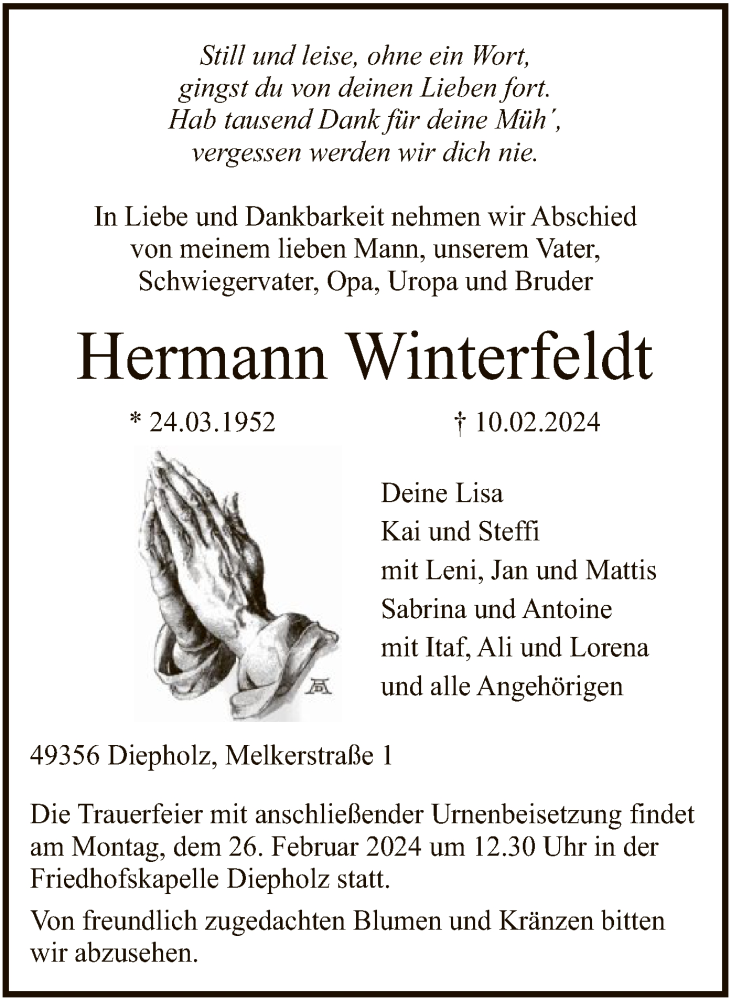  Traueranzeige für Hermann Winterfeldt vom 17.02.2024 aus SYK