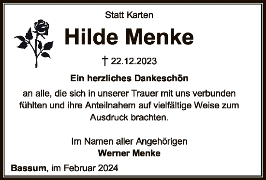 Traueranzeige von Hilde Menke von SYKSYK