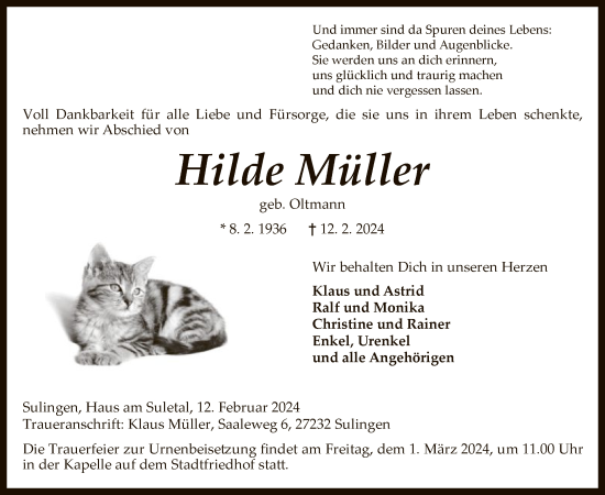 Traueranzeige von Hilde Müller von SYK