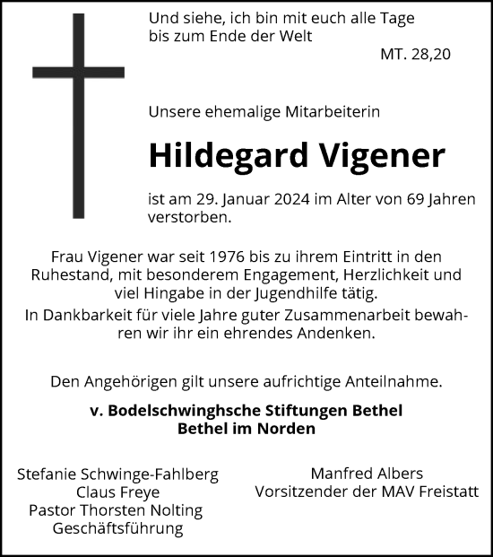 Traueranzeige von Hildegard Vigener von SYK