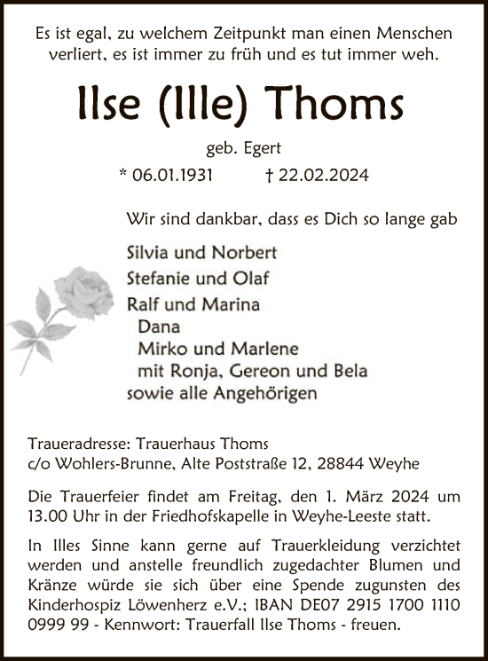 Traueranzeige von Ilse Thoms von SYK