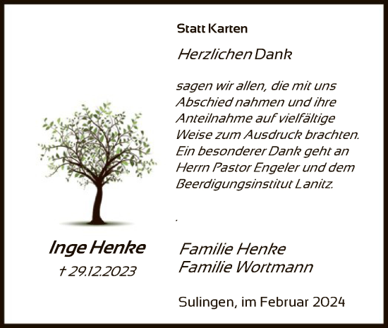 Traueranzeige von Inge Henke von SYK