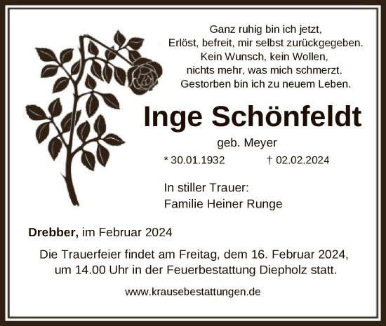 Traueranzeige von Inge Schönfeldt von SYK