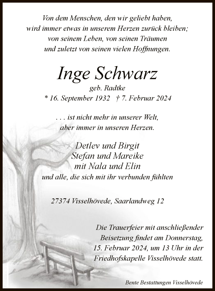  Traueranzeige für Inge Schwarz vom 10.02.2024 aus SYK