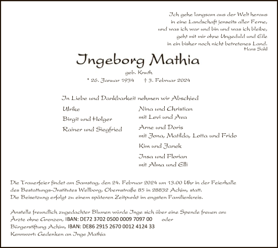 Traueranzeige von Ingeborg Mathia von SYK