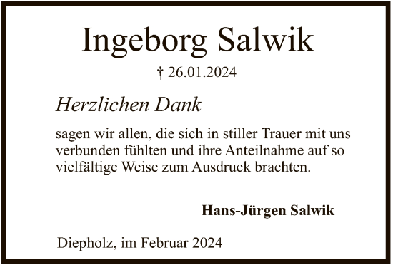 Traueranzeige von Ingeborg Salwik von SYK