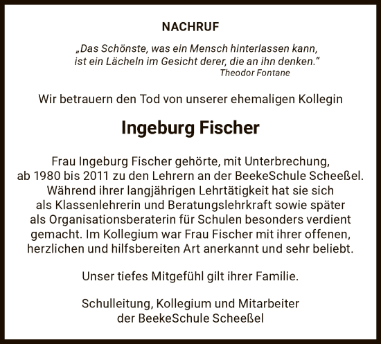 Traueranzeige von Ingeburg Fischer von SYK