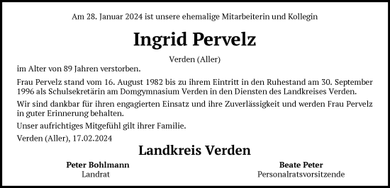 Traueranzeige von Ingrid Pervelz von SYK