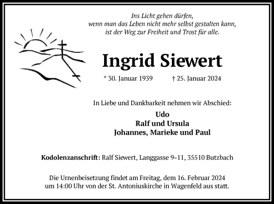 Traueranzeige von Ingrid Siewert von SYK