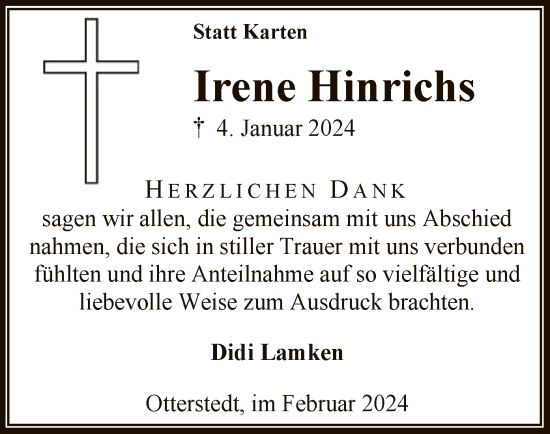 Traueranzeige von Irene Hinrichs von SYK