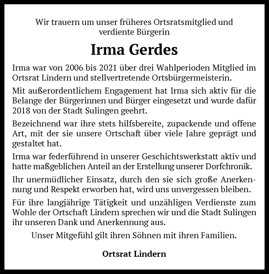 Traueranzeige von Irma Gerdes von SYK
