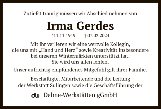 Traueranzeige von Irma Gerdes von SYK