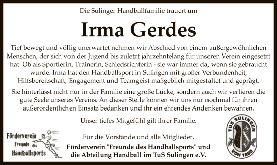 Traueranzeige von Irma Gerdes von SYK