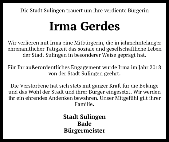 Traueranzeige von Irma Gerdes von SYK