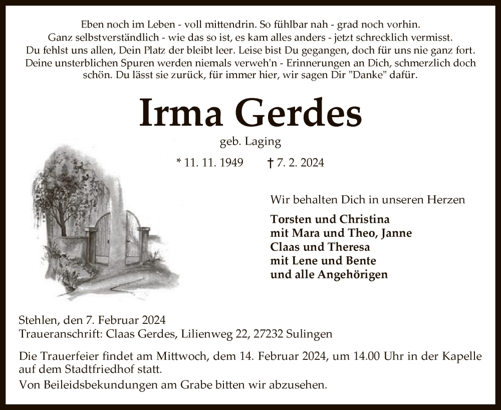  Traueranzeige für Irma Gerdes vom 10.02.2024 aus SYK