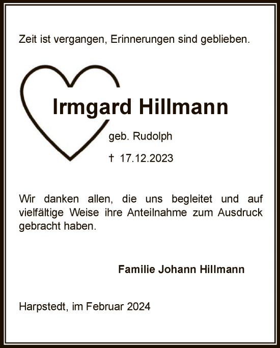 Traueranzeige von Irmgard Hillmann von SYKSYK
