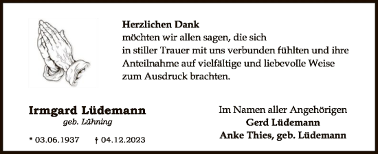 Traueranzeige von Irmgard Lüdemann von SYK