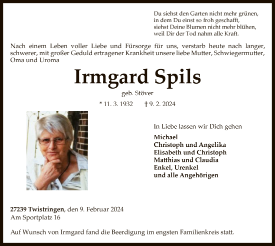 Traueranzeige von Irmgard Spils von SYK
