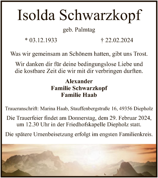 Traueranzeige von Isolda Schwarzkopf von SYK