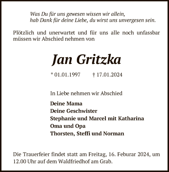 Traueranzeige von Jan Gritzka von SYK