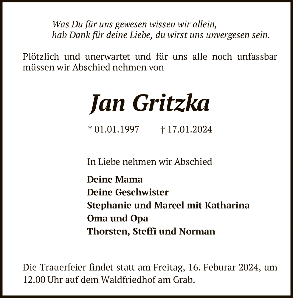 Traueranzeige für Jan Gritzka vom 12.02.2024 aus SYK