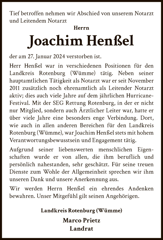 Traueranzeige von Joachim Henßel von SYK