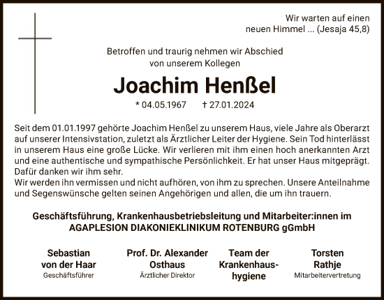 Traueranzeige von Joachim Henßel von SYK