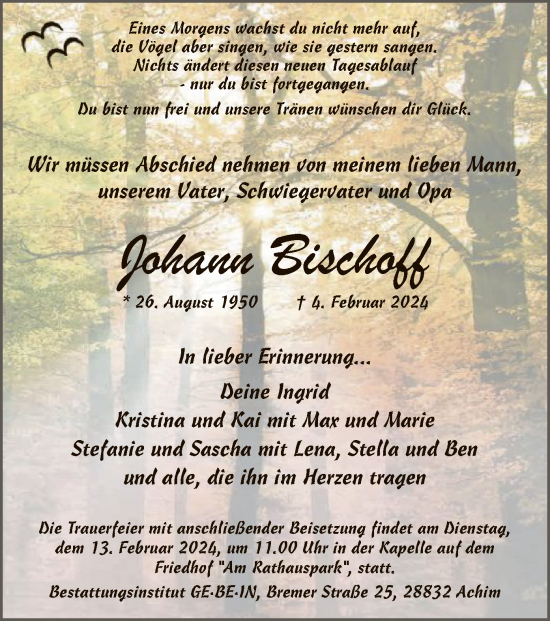 Traueranzeige von Johann Bischoff von SYK