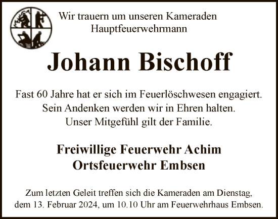 Traueranzeige von Johann Bischoff von SYK
