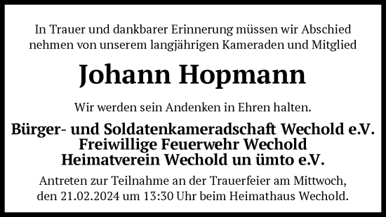 Traueranzeige von Johann Hopmann von SYK